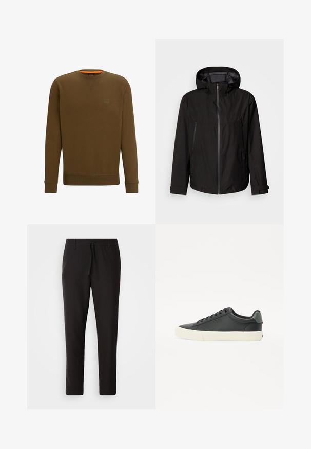 Zwarte lichtgewicht jas met capuchon, ritssluiting, twee zijzakken met rits en verstelbare mouwbanden. Gladde textuur, modern ontwerp.; Bruine sweatshirt met een ronde hals, ribgebreide manchetten en onderkant. Logo patch op de linkerborst met oranje detail aan de binnenzijde van de hals. Zachte stof textuur.; Zwarte joggingsbroek van gladde stof. Kenmerkt zich door een elastische tailleband met een trekkoord, taps toelopende benen en geen zichtbare zakken. Eenvoudig ontwerp.; Zwarte leren sneaker met een gestructureerde afwerking, witte rubberen zool, ronde neus en groene accenten op de hiel. Zes gaatjes vetersluiting.