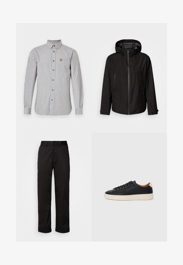 Fekete, könnyű kabát kapucnival, cipzáras záródással, két cipzáras oldalsó zsebbel és állítható mandzsettaszíjakkal. Sima textúra, modern dizájn.; Hosszú ujjú, kockás mintás ing, szürke és fehér színekben. A bal mellrészen egy sárga logó található, klasszikus gallérral és mandzsettával.; Fekete nadrág sima anyagból, cipzáros és gombos záródással, valamint feltekert szegésekkel a laza dizájn érdekében.; Fekete bőr sportcipők sima felülettel, bézs gumitalppal, fűzős dizájnnal és kontrasztos sarkú akcentussal.