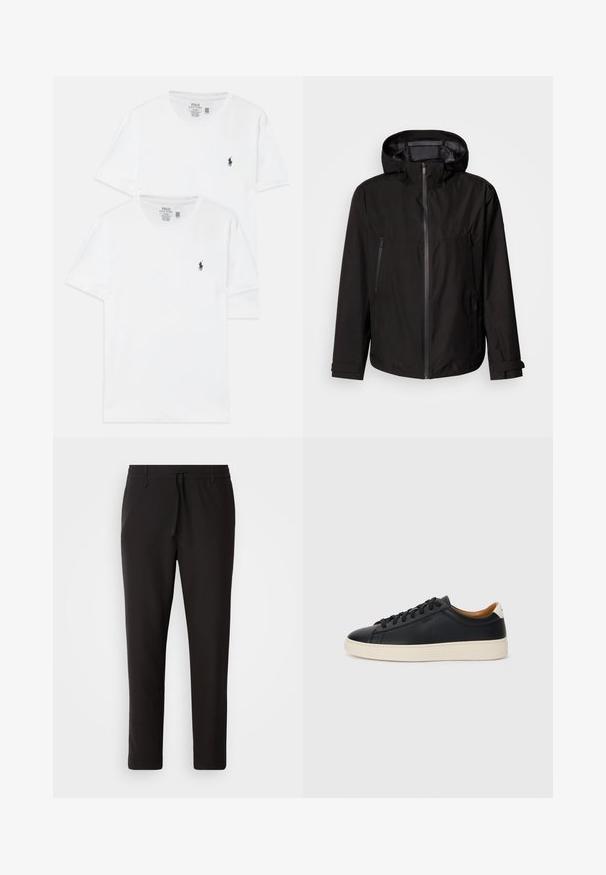 Černá lehká bunda s kapucí, zapínáním na zip, dvě postranní kapsy na zip a nastavitelnými pásky na zápěstí. Hladká textura, moderní design.; Dvě bílé bavlněné trička s krátkým rukávem, která mají malé tmavě modré logo na hrudi a klasický kulatý výstřih.; Černé teplákové kalhoty vyrobené z hladké látky. Mají elastický pas se šňůrkou, zúžené nohavice a žádné viditelné kapsy. Jednoduchý design.; Černé kožené tenisky s hladkým povrchem, béžovou gumovou podešví, šněrovacím designem a kontrastním akcentem na patě.