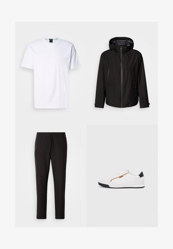 Casaco leve preto com capuz, fecho de correr, dois bolsos laterais com fecho de correr e correias ajustáveis nos punhos. Textura suave, design moderno.; Camiseta de algodão branca com gola redonda e mangas curtas. Apresenta um logotipo discreto impresso na frente em cor clara. Ajuste clássico.; Calças de jogging pretas feitas de tecido liso. Apresentam uma cintura elástica com cordão, pernas ligeiramente ajustadas e sem bolsos visíveis. Design simples.; Tênis atléticos brancos com detalhes em malha e couro. Apresenta um logotipo dourado "BOSS", painéis laterais texturizados e um capô de calcanhar preto. Sola em borracha.