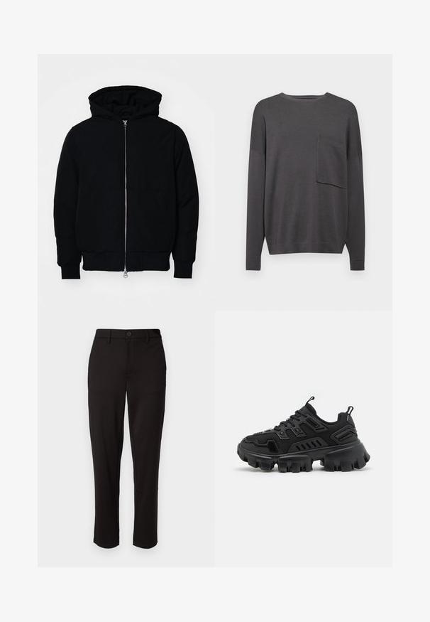 Zwarte hoodie met rits aan de voorkant, kangoeroe-pocket, geribbelde manchetten en zoom, weergegeven op een effen witte achtergrond.; Kolenkitgrijze lange mouwen gebreide trui met een ronde hals en een enkele borstzak. Zachte textuur met een ontspannen pasvorm en geribbelde manchetten.; Zwarte broek gemaakt van lichte stof, met een rechte pijp, knoopsluiting aan de voorkant, riemlussen en zijzakken.; Zwarte sportschoen met een gestructureerde rubberen zool, gelaagde designelementen en versterkte accenten. Heeft veters en een trekklep bij de hiel.