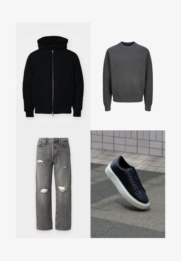 Fekete kapucnis dzseki elülső cipzárral, kenguruzsebbel, bordázott mandzsettákkal és aba, egy sima fehér háttér előtt.; Sötét szürke pulóver, amely texturált kötött anyagból készült, bordázott kerek nyakkal és mandzsettákkal, elülső részén pedig diszkrét logó részlettel.; Szürke farmernadrág laza szabással, megkoptatott térdhasadásokkal, klasszikus öt zsebes kialakítással és cipzáras záródással.; Fekete bőr sportcipő lekerekített orral és fehér gumitalppal. Lapos fűzőkkel és minimális varrásokkal rendelkezik a felsőrészén. Mintás talp a tapadásért.