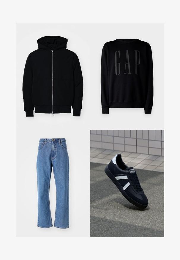 Mustat huppu-untuvatakki, jossa on vetoketju edessä, kenguru-tasku, ribatut hihansuut ja helma, esillä yksinkertaisella valkoisella taustalla.; GAP Collegepaita - black; Siniset korkeat suorat farkut etutaskuilla, vyölenkeillä ja nappisuljennalla valkoista taustaa vasten.; Mustat nahkakengät valkoisilla raidoilla, teksturoitu kumipohja ja nauha edessä. Varustettu merkkitarralla kielen päällä.