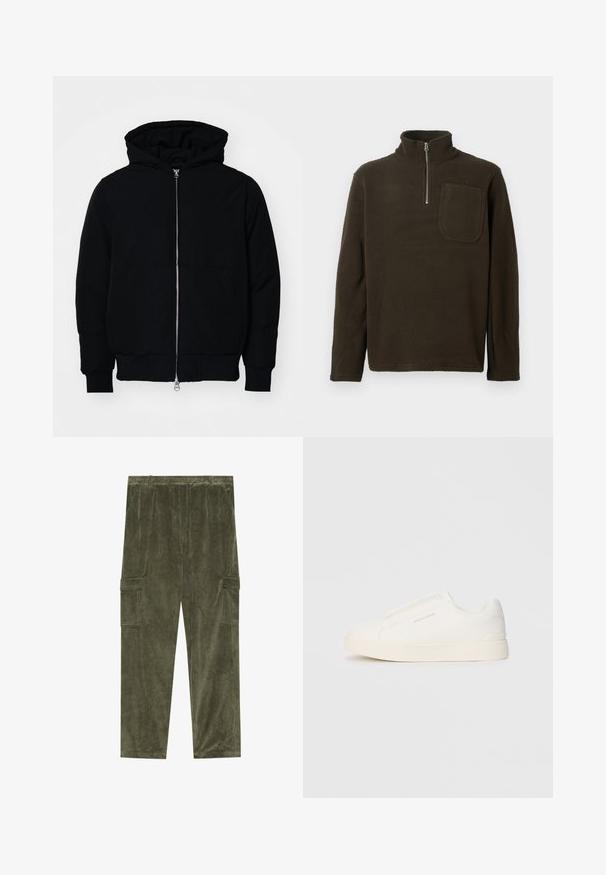 Giacca nera con cappuccio, dotata di zip frontale, tasca a marsupio, polsini e orlo a coste, esposta su uno sfondo bianco semplice.; Pullover in pile marrone con colletto alto, zip a metà e tasca sul petto. Tessuto morbido e vestibilità rilassata, con maniche lunghe.; Pantaloni cargo in velluto a coste verde oliva con trama a coste verticali, dotati di due tasche laterali e una cintura elastica per il comfort.; Sneakers bianchi slip-on con superficie texturizzata, suola spessa e design minimalista. Presentano il logo del marchio sul lato.