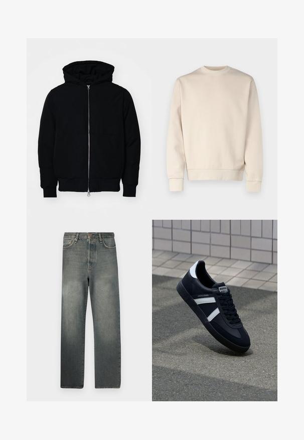 Juodas gobtuvėlis su priekiniu užtrauktuku, kengūros tipo kišene, lygiais rankogaliais ir apvadu, pateiktas ant vientiso balto fono.; Bežinis sportinis džemperis laisvu siluetu, su apvalia kaklo iškirpte, ilgomis rankovėmis, ir gumuotais rankogaliais bei apačia. Lygus audinys, su minimaliais papuošimais.; Jack & Jones JJIALEX JJCOOPER - Platūs džinsai - black denim; Juodas odinis sportinis batelis su baltais dryžiais, tekstūruota gumine padais ir raišteliais priekyje. Yra prekės ženklą žymintis etiketė ant liežuvio.