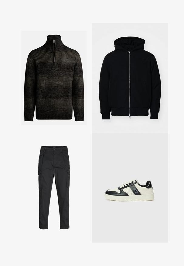 Crna kapuška jakna s prednjim zatvaračem, kenguru džepom, rebrastim manžetama i rubom, prikazana na običnoj bijeloj pozadini.; Tamno pleteni pulover s visokim ovratnikom i četvrtastim patentnim zatvaračem. Ima teksturirani uzorak s različitim nijansama crne i sive boje.; Crne cargo hlače izrađene od čvrstog materijala, s brojnim džepovima, kopčanjem na gumb i dizajnom koji pomaže da se prilagode tijelu sa suženim nogavicama.; Kožne tenisice s crno-bijelom paletom boja, koje imaju perforirane akcentne detalje, podstavljeni ovratnik i teksturiranu potplat.
