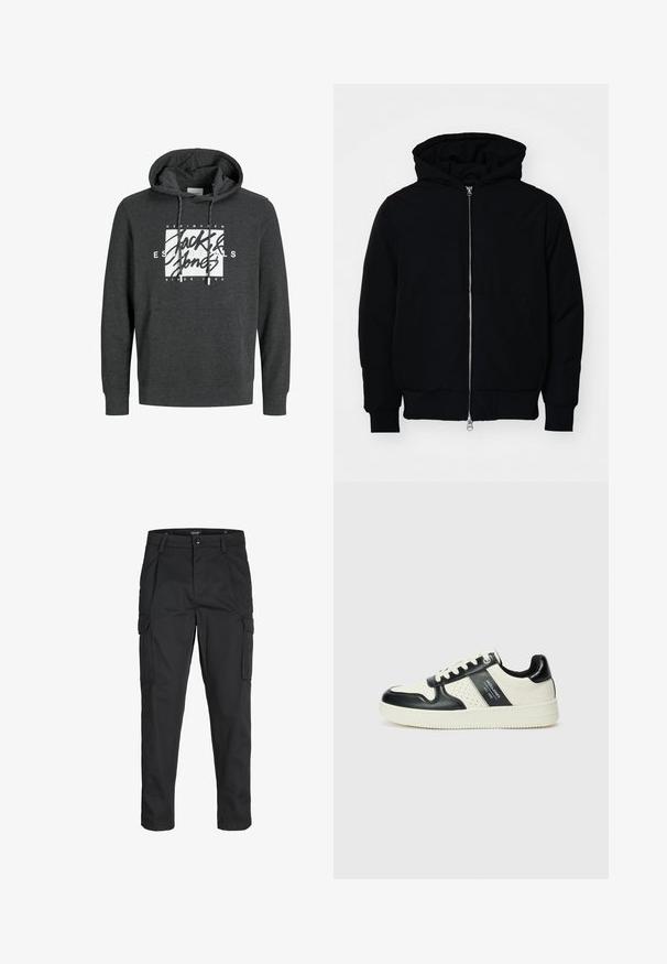 Chaqueta negra con capucha, cierre frontal, bolsillo tipo canguro, y puños y dobladillo acanalados, exhibida sobre un fondo blanco liso.; Sudadera gris oscuro hecha de material suave, con un bolsillo frontal, capucha con cordón y un gran logo gráfico blanco en el pecho.; Pantalones cargo negros hechos de tela resistente, que cuentan con múltiples bolsillos, un cierre de botón y un diseño de corte slim con piernas ajustadas.; Zapatillas de cuero con un esquema de colores negro y crema, que cuentan con acentos perforados, un collar acolchado y una suela texturizada.