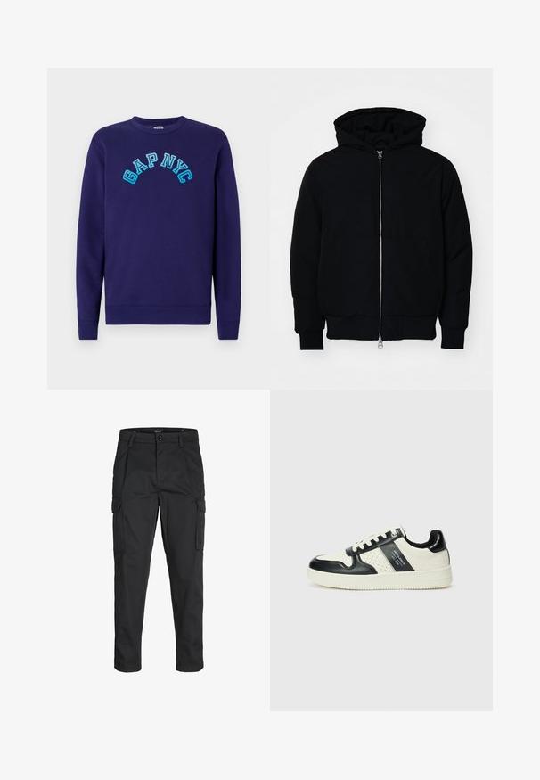 Black hooded jacket with front zipper, kangaroo pocket, ribbed cuffs, and hem, displayed on a plain white background.; Navy sweatshirt made of cotton, featuring the text "GAP NYC" in light blue embroidered arch style on the front. Classic crew neckline.; Black cargo pants made of sturdy fabric, featuring multiple pockets, a button closure, and a slim fit design with tapered legs.; Leather sneakers with a black and cream color scheme, featuring perforated accents, a padded collar, and a textured outsole.