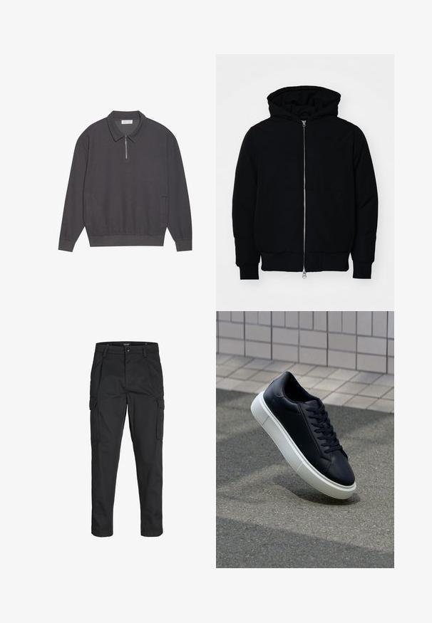 Black hooded jacket with front zipper, kangaroo pocket, ribbed cuffs, and hem, displayed on a plain white background.; Dark gray long-sleeve polo with a zippered collar, ribbed texture, elasticated cuffs, and side pockets. Casual and versatile design.; Black cargo pants made of sturdy fabric, featuring multiple pockets, a button closure, and a slim fit design with tapered legs.; Black leather sneaker with rounded toe and white rubber sole. Features flat laces and minimal stitching on the upper. Textured sole for grip.