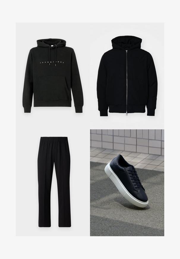 Černá kapucňová bunda s předním zipem, klokaní kapsou, vroubkovanými manžetami a spodním lemem, vystavená na čistém bílém pozadí.; Černá bavlněná mikina s klokaní kapsou vpředu, kapucí na šňůrku a bílým textem "JACK & JONES" na hrudi. Měkká textura.; Černé kalhoty s elastickým pasem a rovnými nohavicemi, s hladkým povrchem a bez viditelných vzorů nebo kovových doplňků.; Černé kožené tenisky s kulatou špičkou a bílou gumovou podrážkou. mají ploché tkaničky a minimální šití na svršku. Texturovaná podrážka pro lepší přilnavost.