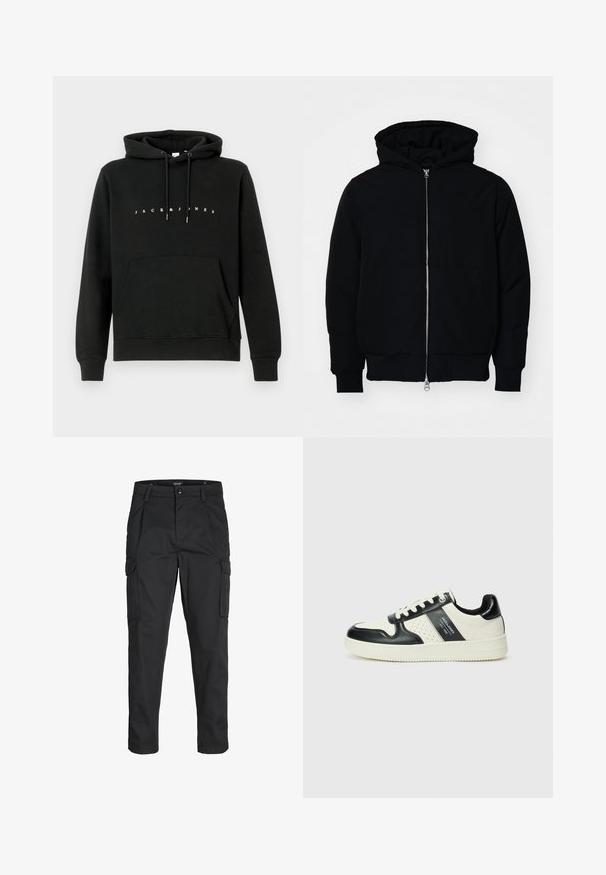 Čierna kapucňová bunda s predným zipsom, klokaními vreckami, rebrovanými manžetami a lemom, zobrazená na bielom pozadí.; Čierna bavlnená mikina s predným klokánkovým vreckom, kapucňou so šnúrkou a bielym textom "JACK & JONES" na hrudi. Mäkká textúra.; Čierne cargo nohavice z odolnej látky, s viacerými vreckami, gombíkovým zapínaním a úzkym strihom so zúženými nohavicami.; Kožené tenisky v čierno-krémovej farbe, s perforovanými akcentmi, polstrovaným golierom a štruktúrovanou podrážkou.