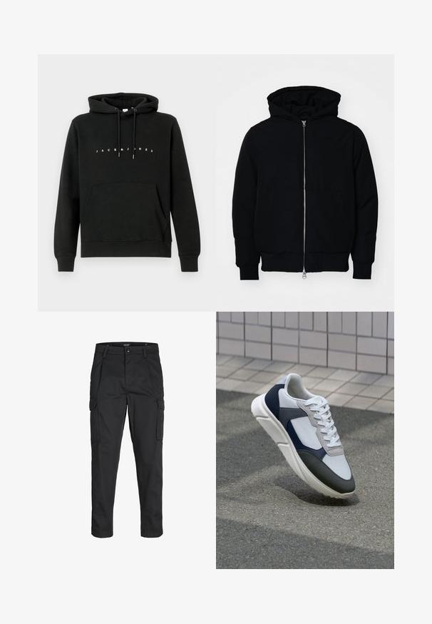 Schwarze Kapuzenjacke mit Frontreißverschluss, Kängurutasche, gerippten Bündchen und Saum, auf einem schlichten weißen Hintergrund präsentiert.; Schwarzer Baumwoll-Hoodie mit einer vorderen Kängurutasche, Kapuze mit Kordelzug und weißem "JACK & JONES"-Text auf der Brust. Weiche Textur.; Schwarze Cargo-Hose aus robustem Material, mit mehreren Taschen, einem Knopfverschluss und einem Slim-Fit-Design mit schmal zulaufenden Beinen.; Weißer, marineblauer und grauer Sneaker mit einem Materialmix-Design, das ein strukturiertes Obermaterial, flache Schnürsenkel und eine gepolsterte Sohle aufweist.