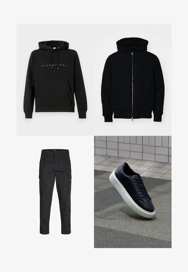 Sort hættejakke med frontlynlås, kængurulomme, ribbede manchetter og kant, præsenteret på en ensfarvet hvid baggrund.; Sort bomuldshoodie med en frontkanguro lomme, snoretræk i hætten, og hvid "JACK & JONES" tekst på brystet. Blød tekstur.; Sorte cargo-bukser lavet af slidstærkt stof, der har flere lommer, en knaplukning og et slim fit design med smalle ben.; Sort lædersneaker med rund tå og hvid gummisål. Har flade snørebånd og minimal syning på overdelen. Tekstureret sål for bedre greb.