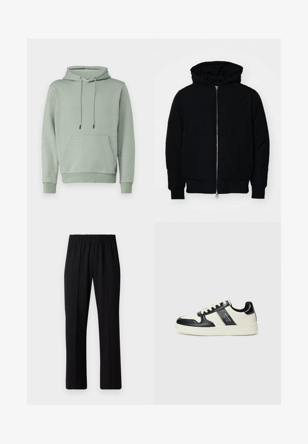 Fekete kapucnis dzseki elülső cipzárral, kenguruzsebbel, bordázott mandzsettákkal és aba, egy sima fehér háttér előtt.; Jack & Jones JJEBRADLEY HOOD - Melegítőfelső - iceberg green; Fekete, gumíros derekú nadrág egyenes szabással, sima felülettel, látható minták vagy fémrészek nélkül.; Fekete és krém színű bőrsneaker, perforált díszítésekkel, párnázott bokapánttal és texturált talppal.