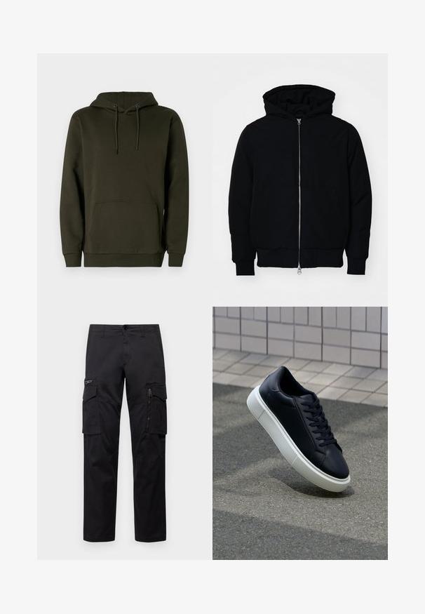 Černá kapucňová bunda s předním zipem, klokaní kapsou, vroubkovanými manžetami a spodním lemem, vystavená na čistém bílém pozadí.; Tmavě zelená mikina s kapucí vyrobená z měkkého materiálu, má klokaní kapsu, ribbed manžety a šňůrku pro nastavitelné zapínání kapuce.; Černé cargo kalhoty s několika kapsami, zipovou kapsou na stehnu, přímým střihem a pevnou bavlněnou tkaninou s lehkým leskem.; Černé kožené tenisky s kulatou špičkou a bílou gumovou podrážkou. mají ploché tkaničky a minimální šití na svršku. Texturovaná podrážka pro lepší přilnavost.