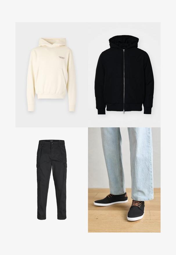 Svart hettejakke med frontglidelås, kengurulomme, ribbestrikket mansjetter og søm, vist på en ensfarget hvit bakgrunn.; Kremfarget hettegenser med kengurulomme foran, justerbar snorhett og logo detalj brodert på brystet. Mykt stoff.; Sorte cargo bukser laget av slitesterkt stoff, med flere lommer, knappelukking og en slim fit-design med avsmalnede ben.; svarte lerrets sneakers med brune aksenter, hvite gummisåler og brune snørebånd, sammen med lyseblå rette jeans. Bakgrunn med tregulv.