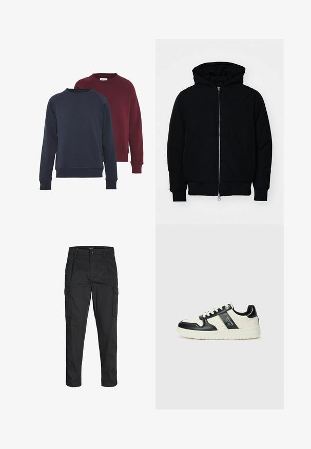 Veste à capuche noire avec fermeture éclair sur le devant, poche kangourou, poignets et ourlet côtelés, présentée sur un fond blanc uni.; Deux sweats à col rond, l'un bleu marine et l'autre bordeaux, avec des poignets et un ourlet côtelés, de couleur unie et d'une texture douce.; Pantalons cargo noirs en tissu résistant, dotés de plusieurs poches, d'une fermeture par bouton et d'une coupe slim avec des jambes fuselées.; Baskets en cuir avec un schéma de couleurs noir et crème, dotées d'accents perforés, d'un col rembourré et d'une semelle texturée.