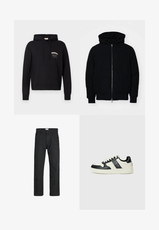 Schwarze Kapuzenjacke mit Frontreißverschluss, Kängurutasche, gerippten Bündchen und Saum, auf einem schlichten weißen Hintergrund präsentiert.; Schwarzer Kapuzenpullover mit einer Kängurutasche vorne, verstellbarem Kapuzenzug und einem weißen Markenlogo auf der Brust. Hergestellt aus weichem Baumwollstoff.; Schwarze Hosen aus strapazierfähigem Stoff, mit geradem Bein, genähten Akzenten und zwei vorderen Taschen für Funktionalität.; Leder-Sneaker in Schwarz- und Cremetönen, mit perforierten Akzenten, einem gepolsterten Kragen und einer strukturierten Laufsohle.