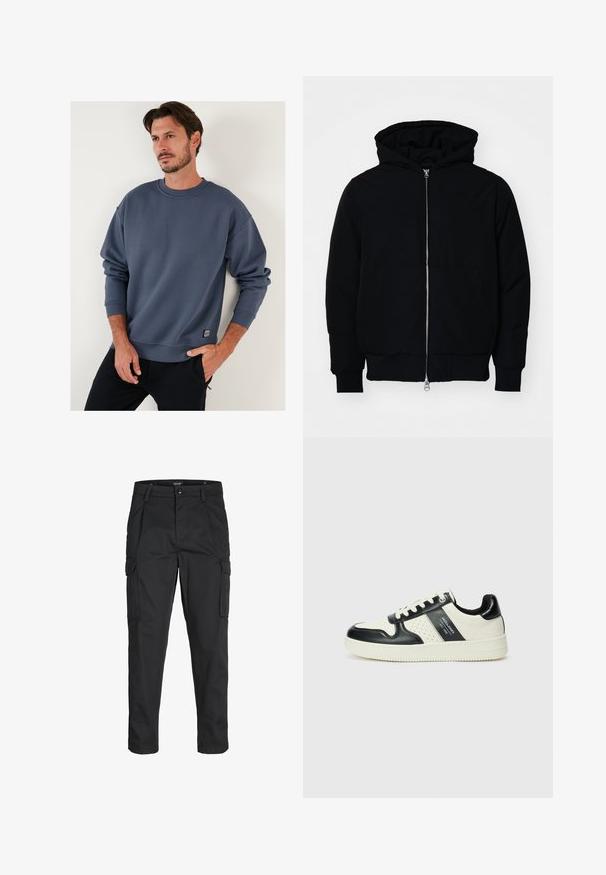 Mustat huppu-untuvatakki, jossa on vetoketju edessä, kenguru-tasku, ribatut hihansuut ja helma, esillä yksinkertaisella valkoisella taustalla.; Sininen puuvillaneule, jossa on pyöreä kaula-aukko, laskeutuvat olkapäät ja ribbireunat. Pienessä etuosassa on pieni etiketti. Pehmeä rakenne.; Mustat cargo-housut, jotka on valmistettu kestävästä kankaasta. Housuissa on useita taskuja, nappisulku ja kapea istuvuus, jossa on kapenevat lahkeet.; Nahkakengät musta-kerma värimaailmassa, joissa on rei'itetyt yksityiskohdat, pehmustettu nilkkaosa ja teksturoitu pohja.