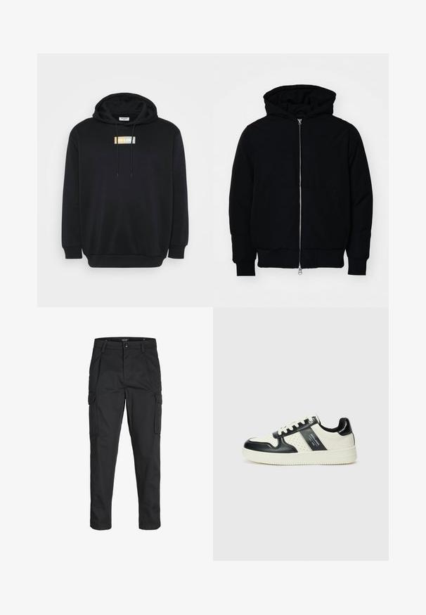 Black hooded jacket with front zipper, kangaroo pocket, ribbed cuffs, and hem, displayed on a plain white background.; Black hoodie made of soft fabric, featuring a front logo patch in white, yellow, and light blue. Includes a kangaroo pocket and drawstring hood.; Black cargo pants made of sturdy fabric, featuring multiple pockets, a button closure, and a slim fit design with tapered legs.; Leather sneakers with a black and cream color scheme, featuring perforated accents, a padded collar, and a textured outsole.