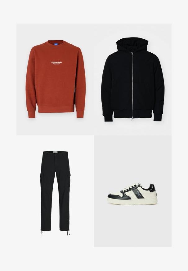 Black hooded jacket with front zipper, kangaroo pocket, ribbed cuffs, and hem, displayed on a plain white background.; Rust-colored sweatshirt made from soft fabric. Features a crew neckline and long sleeves. White text on the front displays "Originals Studio."; Black cargo pants with a straight cut, featuring side pockets, a button closure, and elastic drawstrings at the ankles. Made from durable fabric.; Leather sneakers with a black and cream color scheme, featuring perforated accents, a padded collar, and a textured outsole.