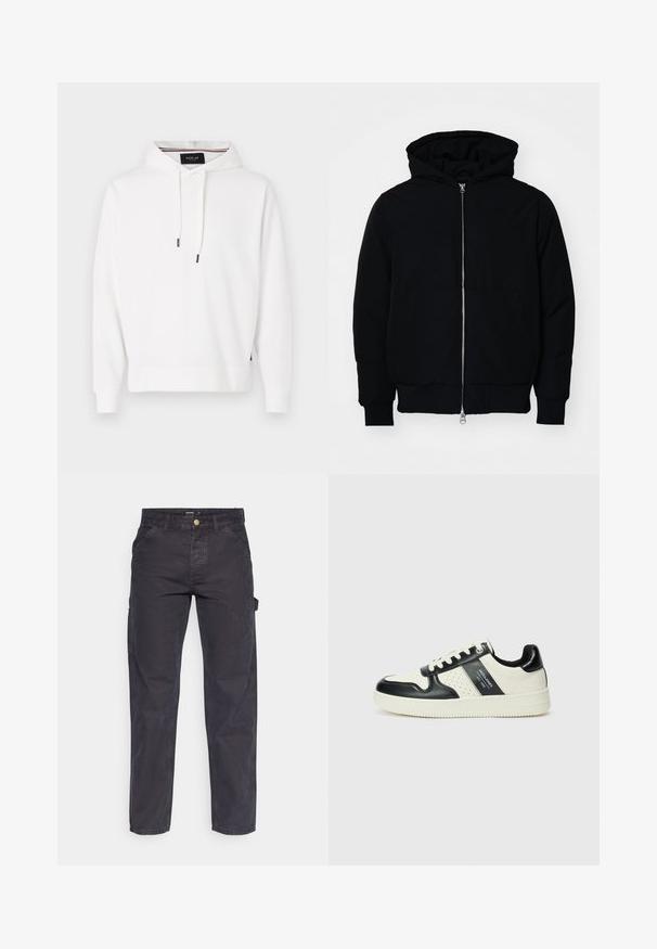 Chaqueta negra con capucha, cierre frontal, bolsillo tipo canguro, y puños y dobladillo acanalados, exhibida sobre un fondo blanco liso.; Replay Jersey con capucha - natural white; Pantalones cargo de color gris oscuro, confeccionados con un tejido duradero, que presentan un corte recto, cinco bolsillos y un cierre de botón en la cintura.; Zapatillas de cuero con un esquema de colores negro y crema, que cuentan con acentos perforados, un collar acolchado y una suela texturizada.