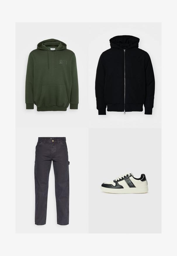 Črna kapuca jakna s sprednjim zadrgo, kenguru žepom, rebrastimi manšetami in hemom, razstavljena na enostavni beli ozadju.; Olive zelena kapuca z sprednjim žepom, kapuco s vrvico in embosiranim logotipom na prsih. Narejena iz mehke, teksturirane tkanine.; Temno sivi cargo hlače iz trpežnega materiala, z ravnim krojem nogavic, petimi žepi in gumbom za zapiranje v pasu.; Usnjeni športni čevlji z črno in krem barvno shemo, ki vključujejo perforirane dodatke, podložen ovratnik in strukturirano podplat.