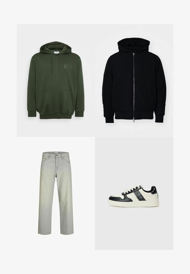 Svart hettejakke med frontglidelås, kengurulomme, ribbestrikket mansjetter og søm, vist på en ensfarget hvit bakgrunn.; Olivengrønn hettegenser med frontlomme, snorhette og preget logo på brystet. Laget av myk, strukturert stoff.; Lys grå, rette jeans med klassisk fem-lomme design, knappelukking og belteholdere. Laget av denimstoff med en jevn tekstur.; Lædersneakers med sort og creme farveskema, der har perforerede detaljer, en polstret krave og en struktureret ydersål.