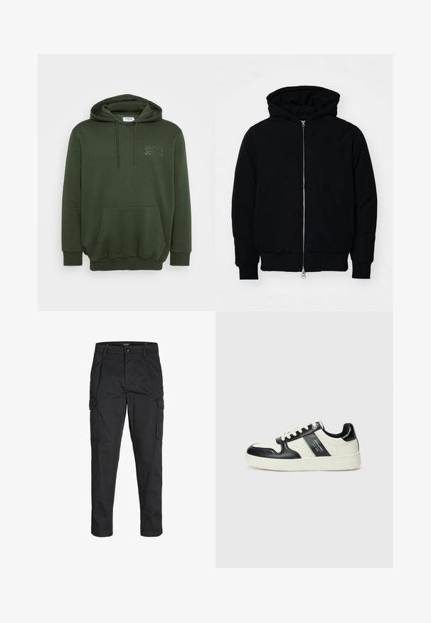 Mustaga kapuutsiga jakk, millel on esineed, kenguru tasku, soonikkoes, ja alläär, esitatud lihtsal valgel taustal.; Kaskrohelise kapuutsiga toss, millel on eesmine tasku, nööriga kapuuts ja reljeefne logo rinnal. Valmistatud pehmest, tekstuursest kangast.; Mustad mustapõlvik, mis on valmistatud tugeva koe kasutades, sisaldab mitmeid taskuid, nupule kinnitatav sulgemine ja kitsenev disain.; Nahatud nahkkingad musta ja kreemi värviskeemiga, millel on perforeeritud aktsendid, pehme krae ja tekstureeritud tallad.