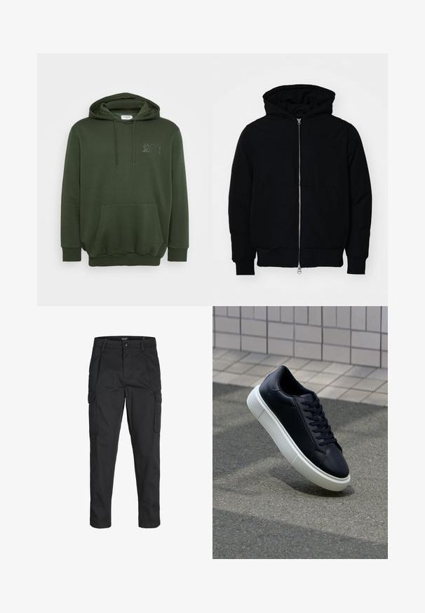 Black hooded jacket with front zipper, kangaroo pocket, ribbed cuffs, and hem, displayed on a plain white background.; Olive green hoodie with a front pocket, drawstring hood, and embossed logo on the chest. Made from soft, textured fabric.; Black cargo pants made of sturdy fabric, featuring multiple pockets, a button closure, and a slim fit design with tapered legs.; Black leather sneaker with rounded toe and white rubber sole. Features flat laces and minimal stitching on the upper. Textured sole for grip.