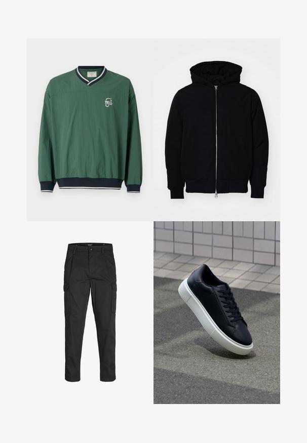 Sort hættejakke med frontlynlås, kængurulomme, ribbede manchetter og kant, præsenteret på en ensfarvet hvid baggrund.; Grøn pullover med V-hals, kontrasterende marineblå ribbede kant og elastiske manchetter. Har et lille hvidt logo på brystet. Letvægtsstof.; Sorte cargo-bukser lavet af slidstærkt stof, der har flere lommer, en knaplukning og et slim fit design med smalle ben.; Sort lædersneaker med rund tå og hvid gummisål. Har flade snørebånd og minimal syning på overdelen. Tekstureret sål for bedre greb.