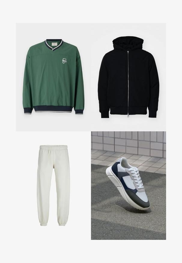 Schwarze Kapuzenjacke mit Frontreißverschluss, Kängurutasche, gerippten Bündchen und Saum, auf einem schlichten weißen Hintergrund präsentiert.; Grüner Pullover mit V-Ausschnitt, kontrastierendem marineblauem Rippkragen und elastischen Bündchen. Verfügt über ein kleines weißes Logo auf der Brust. Leichtes Material.; Weiße Jogginghose aus weichem Stoff, mit elastischem Bund und Säumen, einer glatten Textur und lockerem Schnitt.; Weißer, marineblauer und grauer Sneaker mit einem Materialmix-Design, das ein strukturiertes Obermaterial, flache Schnürsenkel und eine gepolsterte Sohle aufweist.
