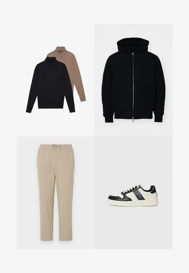 Giacca nera con cappuccio, dotata di zip frontale, tasca a marsupio, polsini e orlo a coste, esposta su uno sfondo bianco semplice.; Due maglioni a collo alto con maniche lunghe, uno nero e uno marrone chiaro, realizzati in morbido tessuto a maglia con un design aderente e polsini a coste.; Pantaloni da lounge beige con vita elastica e cordoncino, caratterizzati da un Design dritto e una texture morbida e liscia.; Sneakers in pelle con una combinazione di colori nero e crema, dotati di dettagli perforati, collare imbottito e suola testurizzata.