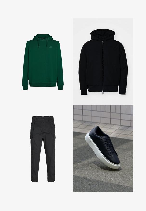 Mustaga kapuutsiga jakk, millel on esineed, kenguru tasku, soonikkoes, ja alläär, esitatud lihtsal valgel taustal.; Roheline kapuutsiga dressipluus pehmest kangast, millel on ees vahepealne tasku, reguleeritava stringiga kapuuts ning soonikkoes varrukad ja alläär. Rinnal diskreetne logo detail.; Mustad mustapõlvik, mis on valmistatud tugeva koe kasutades, sisaldab mitmeid taskuid, nupule kinnitatav sulgemine ja kitsenev disain.; Mustast nahast tennisetoss, millel on ümar nina ja valge kummist tall. Omab siredaid paelu ja minimaalset õmblemist ülemises osas. Tekstuuriga tald, mis tagab haakuvuse.