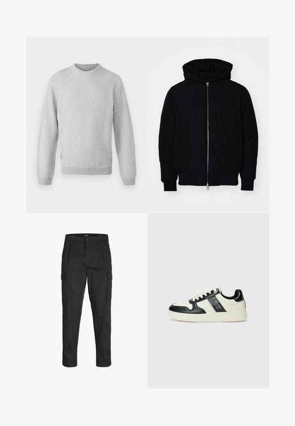 Crna kapuška jakna s prednjim zatvaračem, kenguru džepom, rebrastim manžetama i rubom, prikazana na običnoj bijeloj pozadini.; Svijetlosivi rebrasti pulover s okruglim izrezom, dugim rukavima i ravnim rubom. Napravljen od mekanog, teksturiranog materijala.; Crne cargo hlače izrađene od čvrstog materijala, s brojnim džepovima, kopčanjem na gumb i dizajnom koji pomaže da se prilagode tijelu sa suženim nogavicama.; Kožne tenisice s crno-bijelom paletom boja, koje imaju perforirane akcentne detalje, podstavljeni ovratnik i teksturiranu potplat.