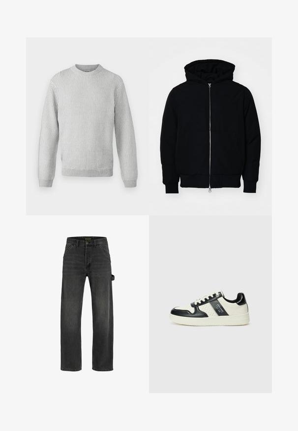 Giacca nera con cappuccio, dotata di zip frontale, tasca a marsupio, polsini e orlo a coste, esposta su uno sfondo bianco semplice.; Maglione a coste grigio chiaro con scollatura rotonda, maniche lunghe e orlo dritto. Realizzato in tessuto morbido e testurizzato.; Jeans in denim grigio scuro con taglio dritto, cinque tasche, chiusura con bottone metallico e dettaglio con cintura laterale.; Sneakers in pelle con una combinazione di colori nero e crema, dotati di dettagli perforati, collare imbottito e suola testurizzata.