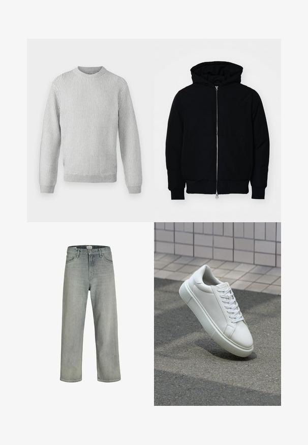 Černá kapucňová bunda s předním zipem, klokaní kapsou, vroubkovanými manžetami a spodním lemem, vystavená na čistém bílém pozadí.; Světle šedý žebrovaný svetr s kulatým výstřihem, dlouhými rukávy a rovním lemem. Vyrobeno z měkké, texturované látky.; Svetle šedé, volné džíny z denimu. Mají klasický design se pěti kapsami, poutky na opasek a rovný siluetu nohavic.; Bílé kožené tenisky s hladkým povrchem, kulatou špičkou a plochými bílými tkaničkami. Disponují texturovanou gumovou podrážkou a minimálními designovými prvky.