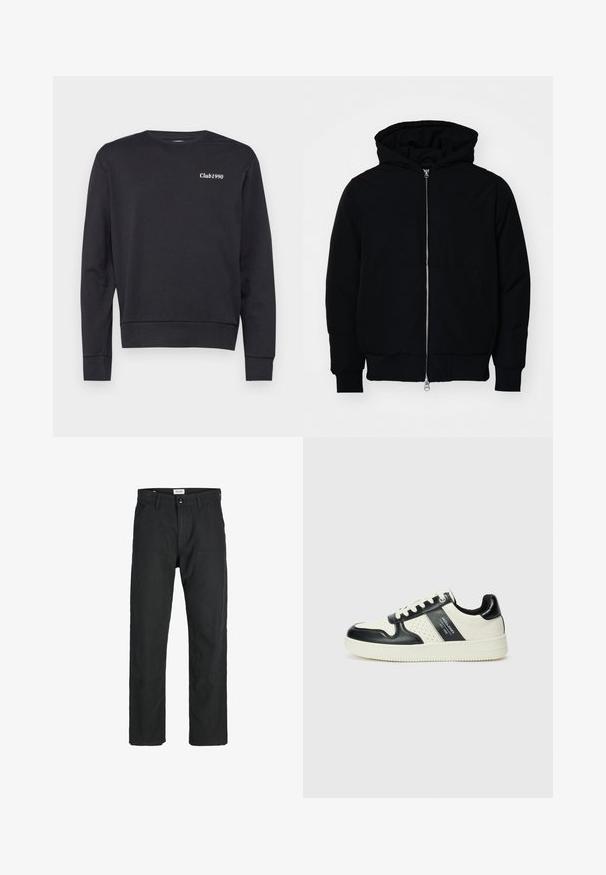 Crna kapuška jakna s prednjim zatvaračem, kenguru džepom, rebrastim manžetama i rubom, prikazana na običnoj bijeloj pozadini.; Crna dukserica izrađena od mekane tkanine, s dugim rukavima, okruglim izrezom i bijelim logotipom "Club1990" na prsima. Jednostavan dizajn.; Crne hlače od izdržljivog materijala, s ravnim krojem, šivenim detaljima i dva prednja džepa za funkcionalnost.; Kožne tenisice s crno-bijelom paletom boja, koje imaju perforirane akcentne detalje, podstavljeni ovratnik i teksturiranu potplat.
