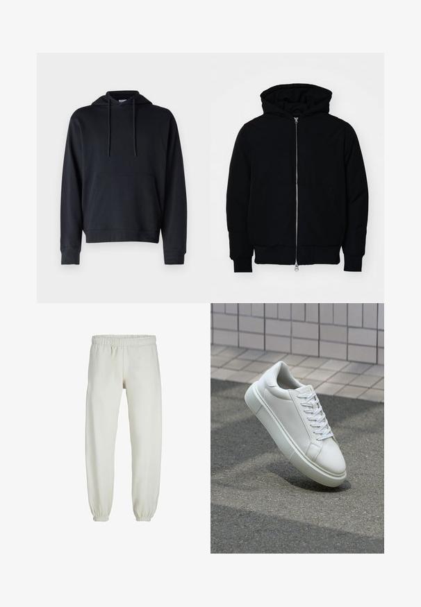 Mustaga kapuutsiga jakk, millel on esineed, kenguru tasku, soonikkoes, ja alläär, esitatud lihtsal valgel taustal.; Must sõbralik puuvillase riide segu, millel on känguru tasku, reguleeritavad nöörid ja ribakäised ning -äär. Lihtne disain.; Valged trennipüksid, mis on valmistatud pehmest kangast, elastse vöökoha ja mansettidega, sileda tekstuuri ja lõdva lõikega.; Valge nahkline sneka, millel on sile pind, ümar varvas ja lame valge pael. Omab tekstuuriga kummist talla ja minimaalset kujunduselementi.