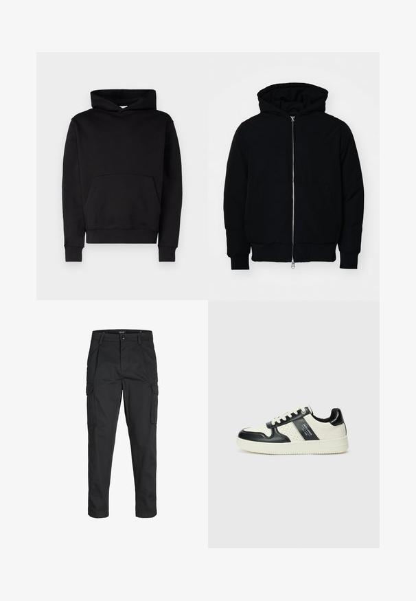 Svart huoodiejacka med framdragkedja, känguruficka, ribbade ärmslut och nederkant, uppställd mot en vit bakgrund.; Svart hoodie i mjukt tyg, med kängurufickor, ribbade mudd och dragsko på huvan. Inga mönster eller logotyper synliga.; Svarta cargobyxor tillverkade av hållbart tyg, med flera fickor, knappstängning och en smal passform med avsmalnande ben.; Läder sneakers med en svart och krämfärgad färgsättning, med perforerade detaljer, en vadderad krage och en strukturerad yttersula.