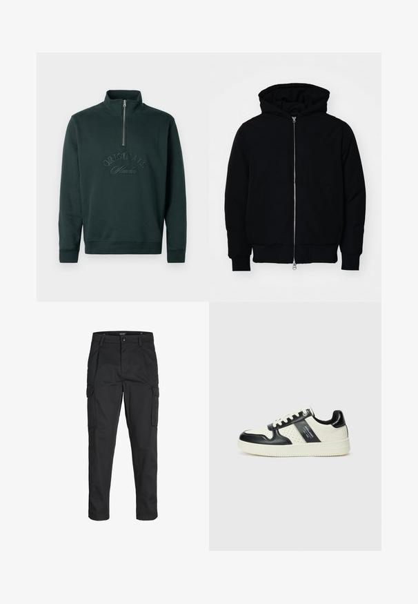 Crna kapuška jakna s prednjim zatvaračem, kenguru džepom, rebrastim manžetama i rubom, prikazana na običnoj bijeloj pozadini.; Tamnozeleni dukserica s visokim ovratnikom i zatvaranjem na pola munje. Sadrži utisnuti tekst "ORIGINALS Studio" na prednjoj strani. Mekana tekstura.; Crne cargo hlače izrađene od čvrstog materijala, s brojnim džepovima, kopčanjem na gumb i dizajnom koji pomaže da se prilagode tijelu sa suženim nogavicama.; Kožne tenisice s crno-bijelom paletom boja, koje imaju perforirane akcentne detalje, podstavljeni ovratnik i teksturiranu potplat.