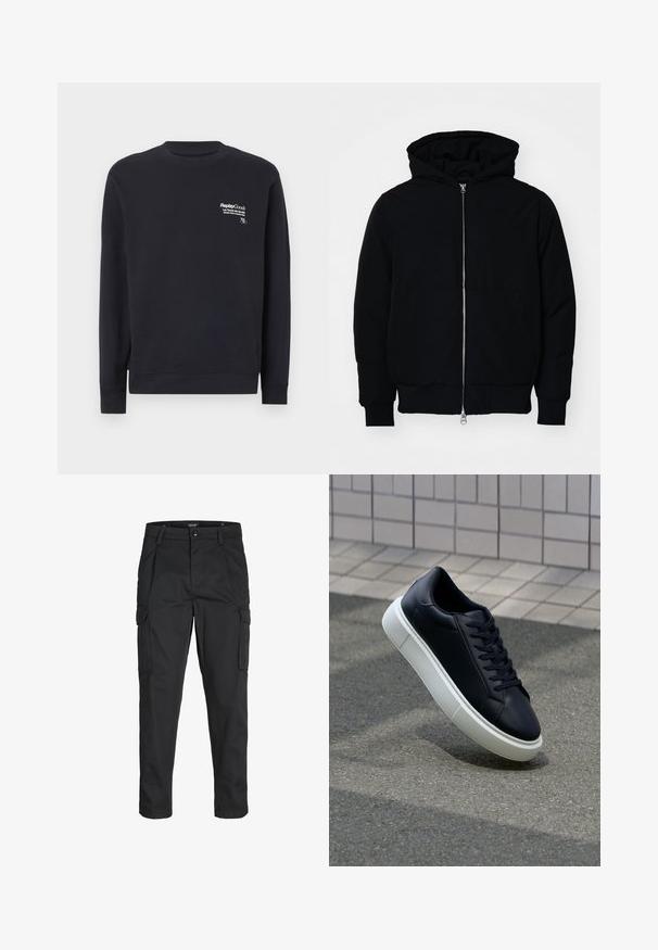 Fekete kapucnis dzseki elülső cipzárral, kenguruzsebbel, bordázott mandzsettákkal és aba, egy sima fehér háttér előtt.; Tengerészett kék pamut pulóver, kerek nyakkivágással, hosszú ujjal, bordás mandzsettával, és fehér nyomtatott logo-val az elülső mellkasi részen.; Fekete cargo nadrág, amely tartós anyagból készült, több zsebet tartalmaz, gombos záródással rendelkezik, és karcsú szabású, szűkített lábakkal bír.; Fekete bőr sportcipő lekerekített orral és fehér gumitalppal. Lapos fűzőkkel és minimális varrásokkal rendelkezik a felsőrészén. Mintás talp a tapadásért.