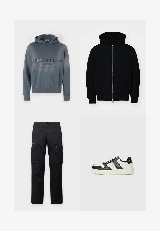 Schwarze Kapuzenjacke mit Frontreißverschluss, Kängurutasche, gerippten Bündchen und Saum, auf einem schlichten weißen Hintergrund präsentiert.; Grauer Hoodie aus Baumwolle, mit einer Vordertasche, gerippten Bündchen und auffällig bedrucktem Text "PROJECT CORE" auf der Brust.; Schwarze Cargo-Hosen mit mehreren Taschen, einer Reißverschlusstasche am Oberschenkel, geradem Schnitt und strapazierfähigem Baumwollstoff mit leichtem Glanz.; Leder-Sneaker in Schwarz- und Cremetönen, mit perforierten Akzenten, einem gepolsterten Kragen und einer strukturierten Laufsohle.