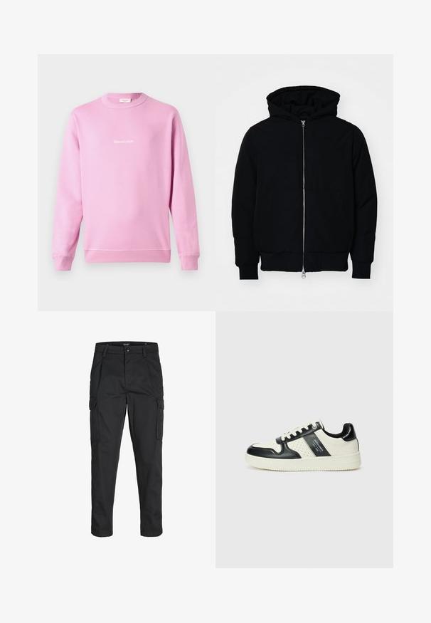 Črna kapuca jakna s sprednjim zadrgo, kenguru žepom, rebrastimi manšetami in hemom, razstavljena na enostavni beli ozadju.; Roza svetrovka iz mešanice bombaža, z dolgimi rokavi in okroglim izrezom. Na sprednji strani je bel logotip v kurzivni pisavi.; Črne cargo hlače iz trdnega blaga, ki imajo več žepov, gumbasto zapiranje in ozek kroj z zožanimi nogami.; Usnjeni športni čevlji z črno in krem barvno shemo, ki vključujejo perforirane dodatke, podložen ovratnik in strukturirano podplat.