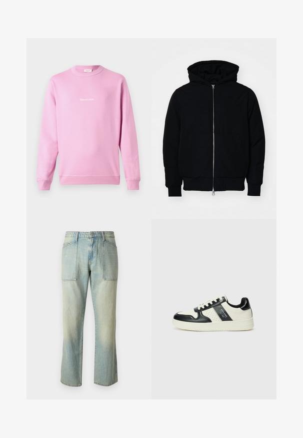 Črna kapuca jakna s sprednjim zadrgo, kenguru žepom, rebrastimi manšetami in hemom, razstavljena na enostavni beli ozadju.; Roza svetrovka iz mešanice bombaža, z dolgimi rokavi in okroglim izrezom. Na sprednji strani je bel logotip v kurzivni pisavi.; Svetlo modri jeans s ravnim krojem, vidnim šivanjem in dvema velikima sprednjima žepoma. Tkanina ima zbledel videz.; Usnjeni športni čevlji z črno in krem barvno shemo, ki vključujejo perforirane dodatke, podložen ovratnik in strukturirano podplat.