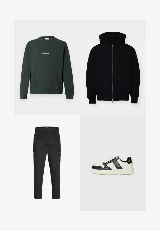 Juodas gobtuvėlis su priekiniu užtrauktuku, kengūros tipo kišene, lygiais rankogaliais ir apvadu, pateiktas ant vientiso balto fono.; Tamsiai žalia megztinis su apvalia kaklo iškirpte, raštuotais rankogaliais ir apačia. Ant krūtinės yra balta siuvinėta tekstas. Pagamintas iš medvilnės mišinio.; Juodi krovinių tipo džinsai, pagaminti iš tvirto audinio, su keliais kišeniais, mygtuko uždarymu ir siauru, prigludusiu dizainu su siaurėjančiomis kojomis.; Odiniai sportbačiai juodos ir kreminės spalvų schemoje, su perforuotais akcentais, paminkštinta apykakle ir tekstūruotu padu.