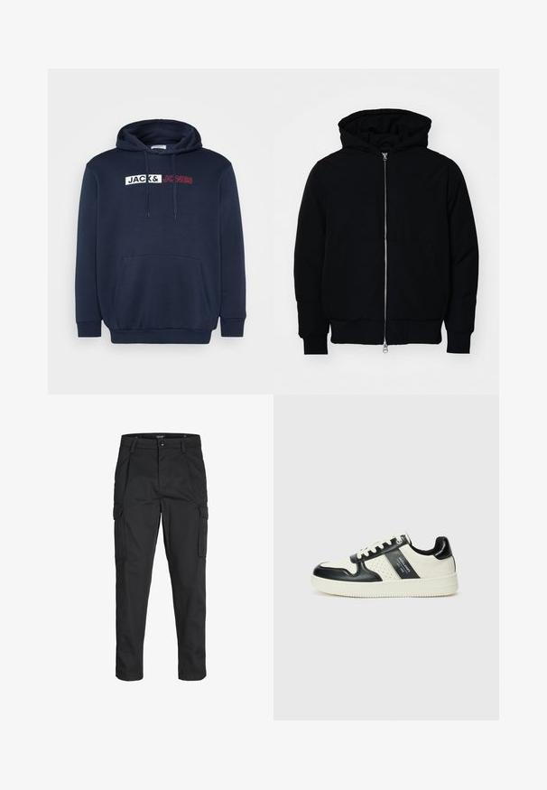 Čierna kapucňová bunda s predným zipsom, klokaními vreckami, rebrovanými manžetami a lemom, zobrazená na bielom pozadí.; Námornícky modrá mikina s klokaním vreckom, kapucňou so sťahovacou šnúrkou a bielo-červeným potlačeným logom s nápisom "JACK & JONES" na hrudi.; Čierne cargo nohavice z odolnej látky, s viacerými vreckami, gombíkovým zapínaním a úzkym strihom so zúženými nohavicami.; Kožené tenisky v čierno-krémovej farbe, s perforovanými akcentmi, polstrovaným golierom a štruktúrovanou podrážkou.