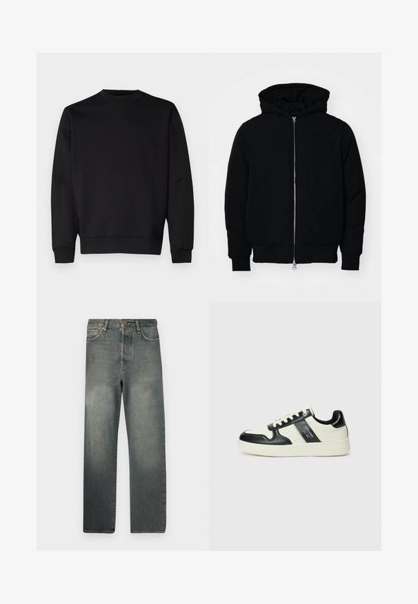 Black hooded jacket with front zipper, kangaroo pocket, ribbed cuffs, and hem, displayed on a plain white background.; Black sweatshirt made from soft fabric, featuring a round neckline, long sleeves, and ribbed cuffs and hem for a fitted look.; Jack & Jones JJIALEX JJCOOPER - Baggy Jeans - black denim; Leather sneakers with a black and cream color scheme, featuring perforated accents, a padded collar, and a textured outsole.