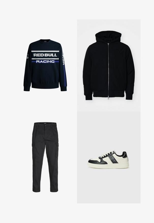 Črna kapuca jakna s sprednjim zadrgo, kenguru žepom, rebrastimi manšetami in hemom, razstavljena na enostavni beli ozadju.; Mornarski pulover s napisom "RED BULL" in "RACING" v beli in vijolični barvi. Ima enobarvne rokave in rebraste manšete, izdelan iz mehkega pletenega materiala.; Črne cargo hlače iz trdnega blaga, ki imajo več žepov, gumbasto zapiranje in ozek kroj z zožanimi nogami.; Usnjeni športni čevlji z črno in krem barvno shemo, ki vključujejo perforirane dodatke, podložen ovratnik in strukturirano podplat.