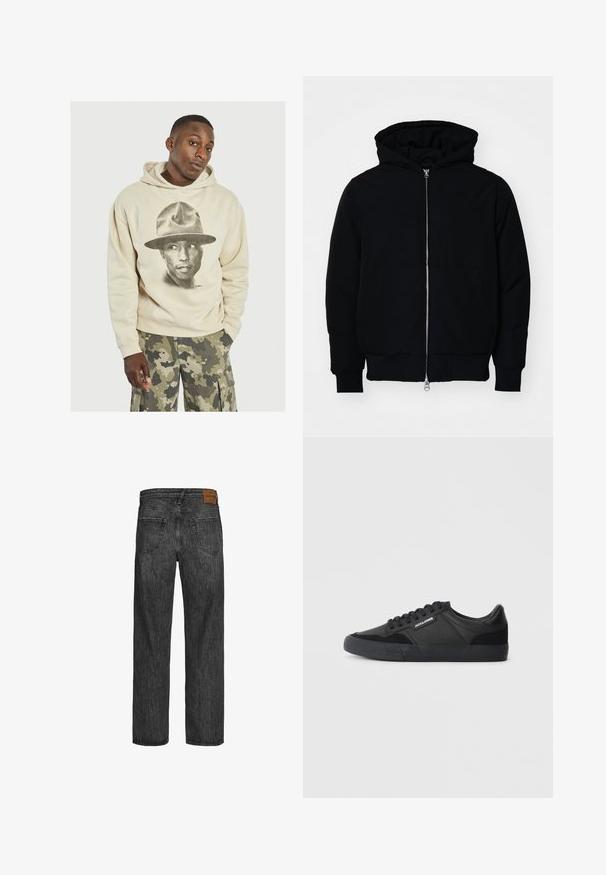 Sort hættejakke med frontlynlås, kængurulomme, ribbede manchetter og kant, præsenteret på en ensfarvet hvid baggrund.; Beige hættetrøje med et stort sort-hvidt grafisk motiv af en person, der bærer en hat. Fremstillet af bomulds materiale med en blød tekstur. Løs pasform og kengurulomme.; Sorte denimjeans med lige ben-design, fem lomme-stil og et brunt lædermærke ved taljen. Tekstureret stof med syningerdetaljer.; Sorte sneakers lavet af en blanding af læder og ruskind, med runde snørebånd, struktureret gummisål og et brandlogo på siden.